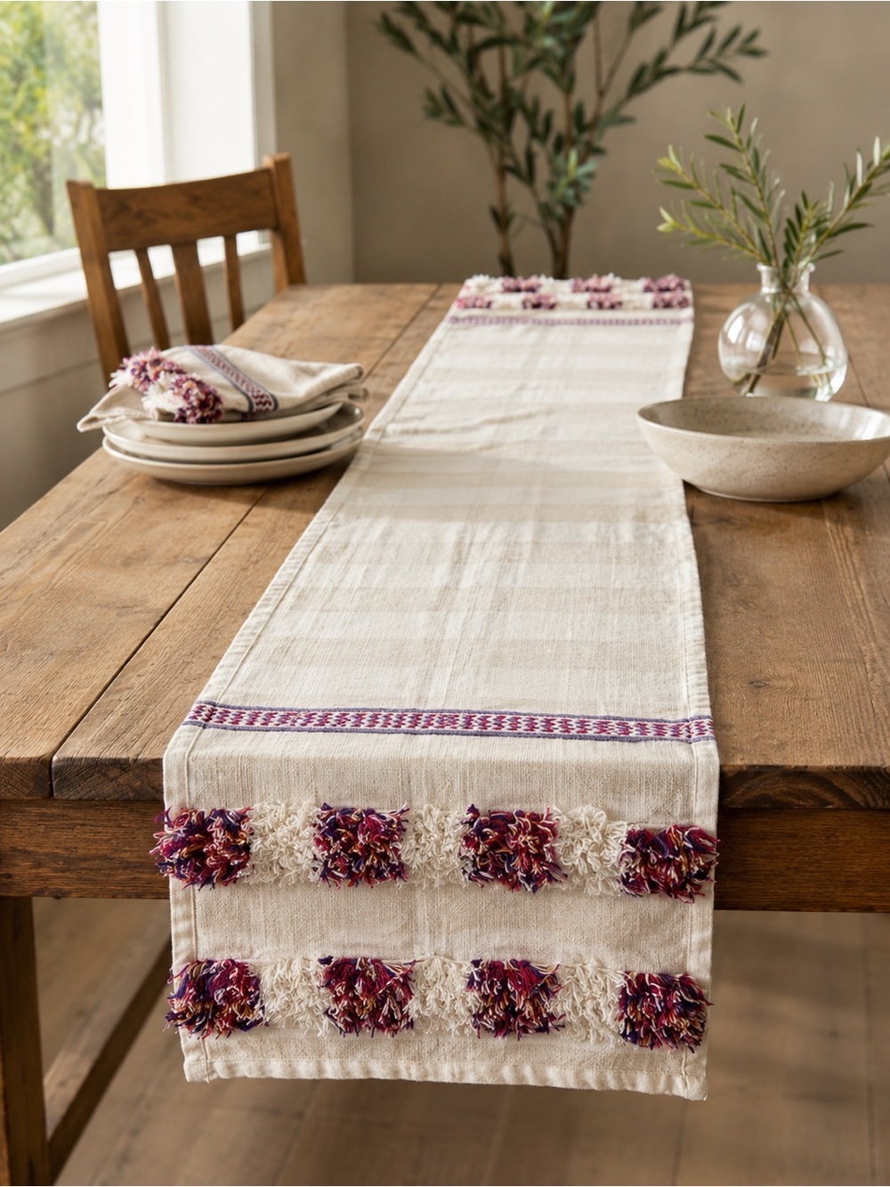 Anthropologie Fringed Cortes Rectangular Table Runner Fringe Embroidered 16”x90”